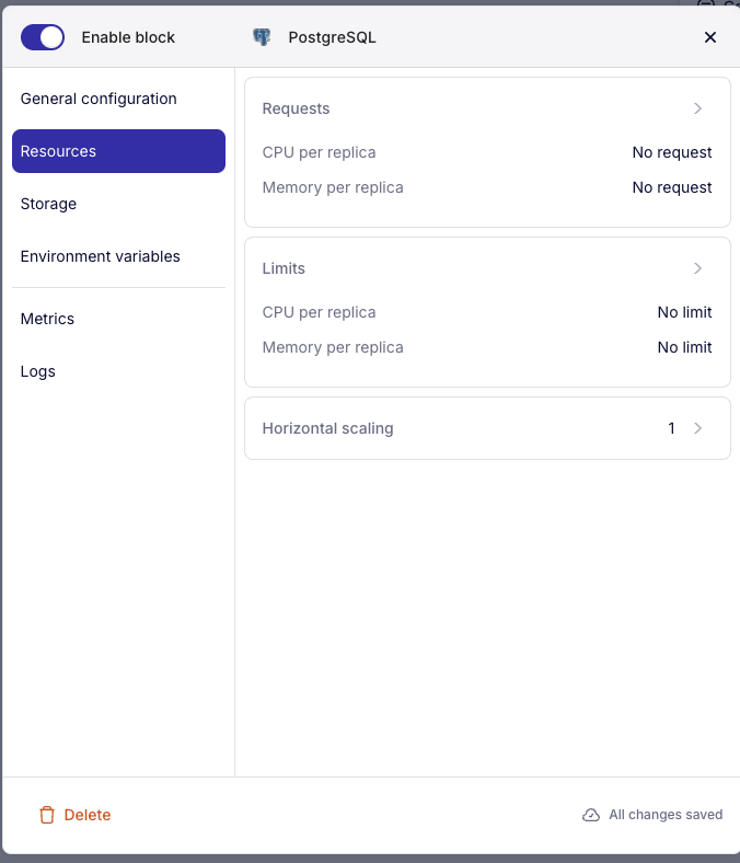 PostgreSQL resource configuration