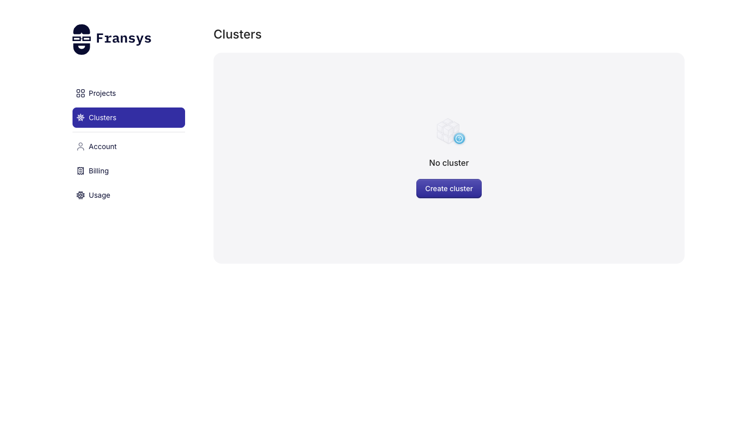 Page clusters vide — bouton Create cluster