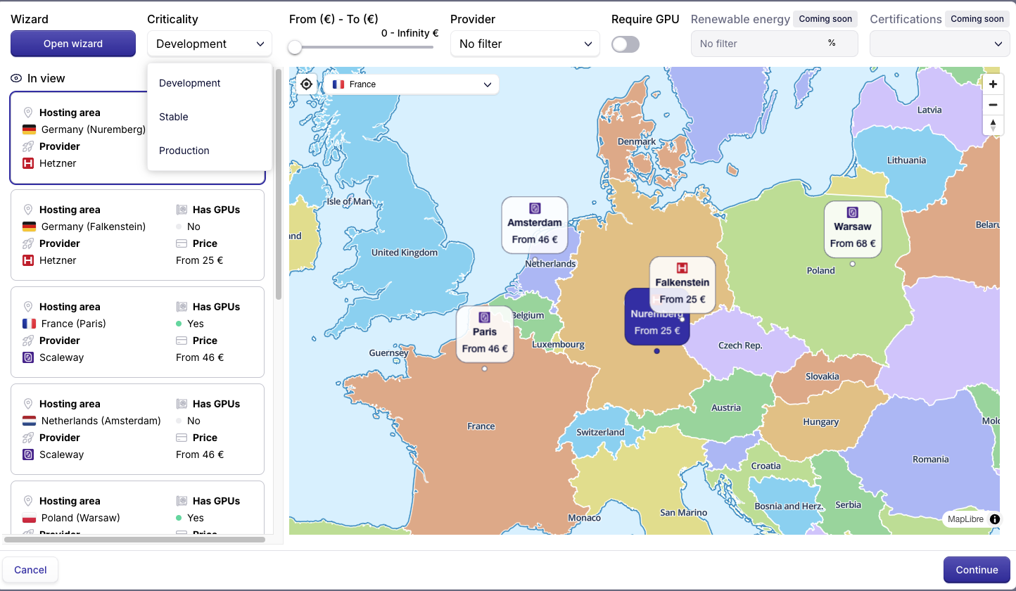 Filtres de criticité sur la carte