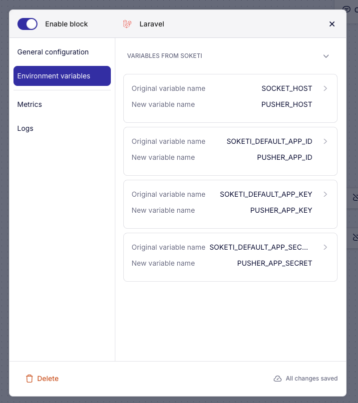 Variables Soketi injectées avec renommage automatique