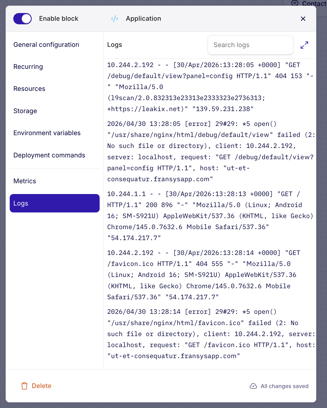 Logs en temps réel d'un bloc applicatif