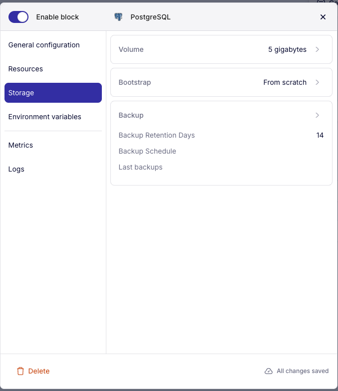 Configuration du stockage et des sauvegardes PostgreSQL