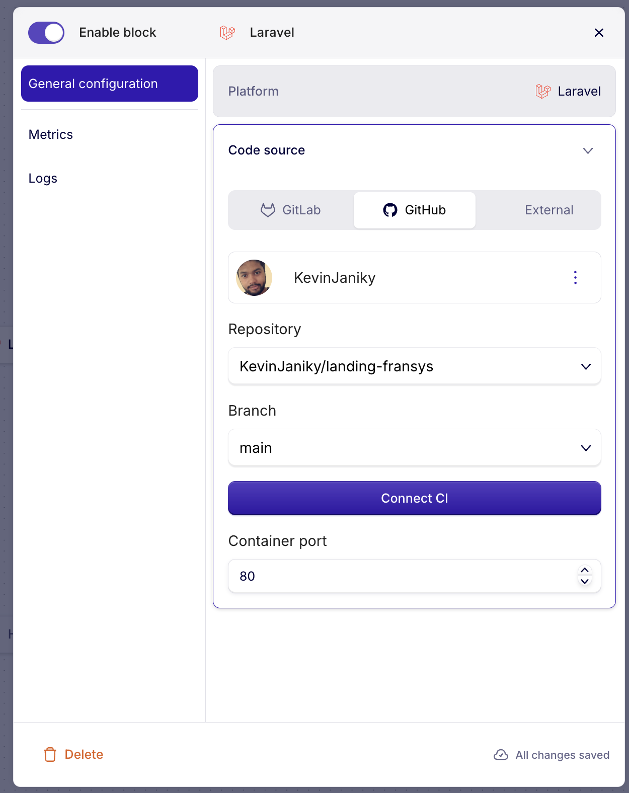Bloc Laravel — repository et branche sélectionnés